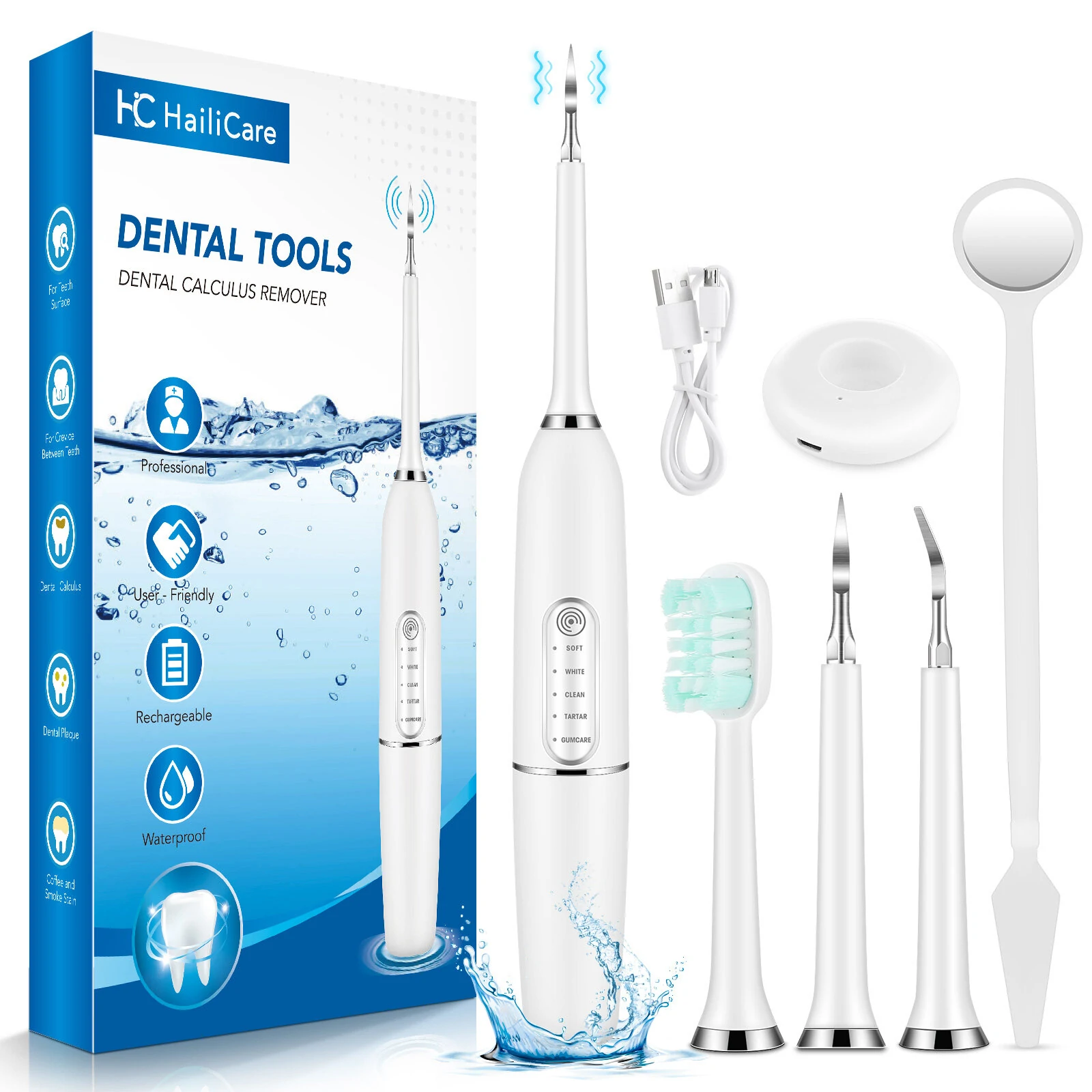 (image for) IPX7 Waterproof Electric Portable Sonic Dental Calculus Scaler Plaque Stains Cleaner Removal